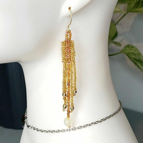 Gold Rush Citrine Beaded Fringe Dangle Earrings, Gemstone Jewelry 4" - Picture 1 of 8